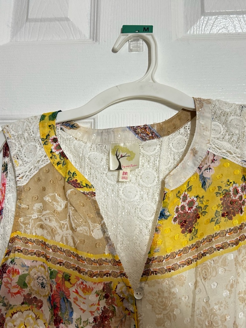 Fig & Flower Sz M Bohemian Floral Patchwork Tank Lace Crochet Overlay Top - Picture 15 of 15